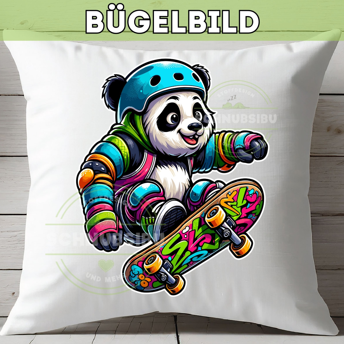 Bügelbild Panda auf Skateboard